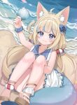  1girl absurdres ahoge animal_ears atsuki_(pink0930cat) beach blonde_hair blue_eyes blue_hair cat_ears closed_mouth commentary dress fins fish_girl fish_tail highres holding_seashell indie_virtual_youtuber long_hair looking_at_viewer low_twintails multicolored_hair one_side_up sameko_saba sand sandals sleeveless sleeveless_dress solo streaked_hair symbol-only_commentary tail twintails very_long_hair virtual_youtuber water white_dress 