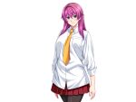  1girl aqua_eyes black_pantyhose blue_eyes breast_pocket breasts casual cowboy_shot game_cg gentle_sasaki hair_between_eyes long_hair long_sleeves looking_at_viewer necktie non-web_source official_art pantyhose pink_hair pleated_skirt pocket purple_hair red_skirt school_uniform shindou_hatsune shirt skirt smile solo soukou_senki_prism_reica transparent_background white_shirt yellow_necktie 