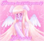 2024 angel anthro blonde_hair canid canine canis clothed clothing digital_media_(artwork) domestic_dog dress english_text feathered_wings feathers female glistening glistening_body hair hi_res long_hair looking_at_viewer mammal meme open_mouth pink_background pink_clothing pink_dress pink_eyes saltypupcake simple_background solo sparkles text wings