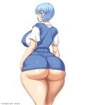  1girl ass ayanami_rei blue_hair blue_skirt breasts highres microskirt neck_ribbon neon_genesis_evangelion red_eyes red_ribbon ribbon school_uniform shirt short_hair short_sleeves simple_background skirt solo suspender_skirt suspenders thick_thighs thighs tokyo-3_middle_school_uniform tomboyist white_background white_shirt 