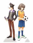  apress ball black_hair brown_hair company_connection crossover danball_senki formal inazuma_eleven_(series) inazuma_eleven_go kaidou_jin level-5 lightning_bolt male_focus multicolored_hair multiple_boys raimon raimon_soccer_uniform red_eyes shindou_takuto soccer_ball soccer_uniform sportswear suit telstar white_hair 