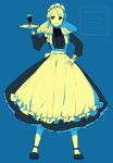  1girl alternate_costume apron blue_background commentary_request cup enmaided famiresu_wo_kyouju_seyo glasspan_(famiresu_wo_kyouju_seyo) highres holding holding_tray maid maid_apron maid_headdress mia960 simple_background smile solo tray 