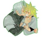  2boys age_difference aged_down armor black_coat black_sweater blonde_hair blush bracer closed_eyes cloud_strife coat cropped_torso final_fantasy final_fantasy_vii final_fantasy_vii_ever_crisis green_outline grey_hair grin hair_intakes hand_on_another&#039;s_cheek hand_on_another&#039;s_face hand_on_another&#039;s_waist layered_sleeves light_smile long_hair low_ponytail male_focus multiple_boys no_gloves outline parted_bangs pauldrons ponytail sephiroth sephiroth_(ever_crisis) shirt short_hair shoulder_armor simple_background smile sweater t-shirt takaraxiao upper_body white_background white_shirt yaoi 