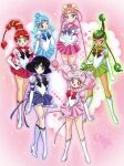  6+girls artist_name back_bow bishoujo_senshi_sailor_moon bishoujo_senshi_sailor_moon_supers black_bow black_bowtie black_hair blue_choker blue_eyes blue_hair blue_outline blue_sailor_collar blue_skirt blunt_ends bob_cut boots bow bowtie braid braided_hair_rings brooch brown_bow brown_bowtie brown_headband cerecere_(sailor_moon) chibi_usa child choker circlet commentary cone_hair_bun crescent crescent_choker crescent_earrings crossed_arms derivative_work double_bun earrings elbow_gloves english_commentary eyelashes floating_hair full_body gloves green_bow green_choker green_hair green_outline green_sailor_collar green_skirt grey_bow grey_sleeves hair_bow hair_bun hair_ornament hair_rings hands_on_own_hips happy headband heart heart_background high_heel_boots high_heels highres honeymoonpetal jewelry junjun_(sailor_moon) knee_boots lace_background leotard light_particles low_twintails magical_girl miniskirt multiple_girls official_style one_eye_closed open_mouth outline pallapalla_(sailor_moon) parted_bangs pink_background pink_bow pink_brooch pink_eyes pink_hair pink_outline pink_sailor_collar pink_skirt pink_sleeves pleated_skirt puffy_short_sleeves puffy_sleeves purple_brooch purple_choker purple_eyes purple_outline purple_sailor_collar red_bow red_bowtie red_choker red_eyes red_hair red_outline red_sailor_collar red_skirt sailor_ceres sailor_chibi_moon sailor_collar sailor_juno sailor_pallas sailor_saturn sailor_senshi_uniform sailor_vesta short_hair short_sleeves short_twintails single_hair_bun skirt sleeved_leotard smile star_brooch tan tareme tomoe_hotaru twintails updo vesves_(sailor_moon) white_boots white_gloves white_leotard yellow_bow 