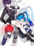  1boy 2girls ahoge all_fours amemiya_darumi bisexual_female black_boots black_hair black_jacket black_streaks blue_eyes blue_hair blue_jacket blush boots bow chain chain_leash chained choker closed_eyes collar dated earrings facial_mark ffm_threesome glasses grey_jacket group_sex hair_bow hands_on_another&#039;s_leg heart heart_facial_mark highres holding holding_leash hood hoodie jacket jacket_over_hoodie jewelry leash long_hair looking_at_another makeup multicolored_hair multicolored_jacket multiple_girls nose_blush pink_eyes purple_hair red_hair roots_(hair) runny_makeup shirt shizuhara_hiruko short_hair signature sitting sitting_on_person smile streaked_hair striped_clothes striped_shirt sumino_takumi sweatdrop the_hundred_line_-last_defense_academy- threesome twintails two-tone_jacket white_hoodie wushui2333 zoom_layer 