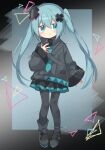  1girl aqua_eyes aqua_hair bandaid bandaid_on_leg batsu_miku black_boots black_pantyhose blush boots closed_mouth hair_between_eyes hair_ornament hatsune_miku highres jacket kowareta_sekai_to_utaenai_miku long_hair long_sleeves pantyhose pleated_skirt project_sekai skirt sleeves_past_wrists smile solo soru_(remonntteumai) turtleneck turtleneck_jacket twintails very_long_hair vocaloid wide_sleeves x_hair_ornament 