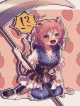  !? absurdres animal_ears blue_dress blush cat_ears cat_girl cat_tail coin commentary_request dress fang full_body highres holding holding_scythe kneeling konpota_(pixiv_113398422) obi onozuka_komachi open_mouth outline red_eyes sash scythe short_sleeves signature skin_fang strawberry_background tail touhou white_outline 