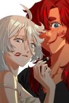  2girls absurdres black_shirt blue_eyes camisole closed_mouth commentary dark-skinned_female dark_skin english_text grey_eyes gundam gundam_suisei_no_majo highres lipstick_mark lipstick_mark_on_face lipstick_writing long_hair looking_at_viewer miorine_rembran multiple_girls parted_lips red_hair shirt simple_background smile snapagi suletta_mercury symbol-only_commentary thick_eyebrows thigh_strap white_background white_camisole white_hair yuri 