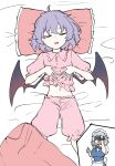  2girls alternate_costume apron bat_wings braid breasts camcorder camera closed_eyes collared_shirt commentary_request deetamu fang frilled_shirt_collar frills grey_hair head_on_pillow highres holding holding_camera izayoi_sakuya large_breasts lying maid maid_headdress medium_hair midriff_peek multiple_girls navel neck_ribbon no_headwear on_back open_mouth pajamas pants pillow pink_pajamas pink_pants pink_shirt puffy_short_sleeves puffy_sleeves purple_hair remilia_scarlet ribbon shirt short_sleeves sleeping sleepwear thumbs_up touhou twin_braids video_camera waist_apron white_apron wings 