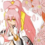  animal_ears arc_system_works blazblue blush cat_ears cat_tail female flower glasses kokonoe kuzira217 labcoat long_hair midriff multiple_tails pink_hair ponytail ribbon solo tail yellow_eyes yellow_ribbon 