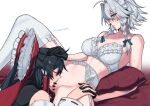  2girls bar_censor black_gloves black_hair blue_eyes bow bra braid breasts censored clitoris closed_eyes commentary_request cunnilingus detached_sleeves frilled_bow frills garter_belt gloves green_bow hair_bow hakurei_reimu highres himadera holding_hands interlocked_fingers izayoi_sakuya large_breasts lingerie long_hair maid_headdress multiple_girls oral pillow pussy pussy_juice red_bow side_braids simple_background spread_legs textless_version thighhighs touhou twitter_username underwear white_background white_bra white_sleeves white_thighhighs yuri 