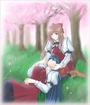  boots cherry_blossoms couple fervent_idiot grass half_updo himemiya_chikane kannazuki_no_miko kurusugawa_himeko lap_pillow looking_up lying multiple_girls pantyhose petals puffy_sleeves school_uniform sitting tree yuri 