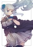  1girl belt black_dress black_thighhighs blue_belt blue_eyes blue_flower blue_hair blue_rose blue_scrunchie blush breasts dress flower gloves grey_dress grey_hair hand_on_own_chest highres jacket lace lace_gloves large_breasts neo_(tyottama) nijisanji open_clothes open_jacket pleated_dress puffy_sleeves rose scrunchie side_ponytail simple_background skirt solo striped_clothes striped_dress thighhighs thighs vertical-striped_clothes vertical-striped_dress virtual_youtuber wind wind_lift yukishiro_mahiro yukishiro_mahiro_(3rd_costume) 