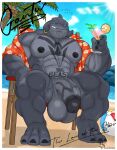 abs absurd_res alien alien_humanoid balls beach beverage biceps big_balls big_muscles blue_eyes bodily_fluids coconut disney drupe_(fruit) empty_eyes feet food fruit gantu genitals glans grey_body grey_glans hi_res humanoid lilo_and_stitch male muscular muscular_calves muscular_male navel nipples nude palm_tree pecs penis plant sitting smile smirk solo sondinker_fazbear&#039;s stubble sweat sweatdrop tattoo toes tree vein veiny_penis