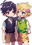  2boys antenna_hair basil_(faraway)_(omori) basil_(omori) black_eyes black_hair black_sweater_vest blonde_hair blue_eyes blush brown_shorts closed_mouth collared_shirt flower green_sweater_vest hair_flower hair_ornament holding_hands looking_at_another male_focus multiple_boys omori open_mouth repikinoko shirt short_hair short_sleeves shorts smile sunny_(omori) sweater_vest teeth upper_teeth_only white_shirt 