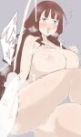  1boy 1girl absurdres arm_at_side assault_lily black_pantyhose blank_censor blunt_bangs blush breasts brown_hair censored collarbone commentary_request completely_nude crossed_legs cum cum_on_body cum_on_breasts ejaculation erection feet_out_of_frame from_below grey_background hand_on_own_chest hand_up heart heavy_breathing hetero highres huge_breasts invisible_chair kaede_johan_nouvel long_hair looking_at_viewer nipples nude open_mouth out_of_frame outline pantyhose penis projectile_cum sidelocks simple_background sitting solo_focus speech_bubble spoken_heart steaming_body sweatdrop thighs twitching twitching_penis unbabaa v-shaped_eyebrows very_long_hair wavy_hair white_outline 