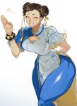 1girl apologizing blue_pants bracelet breasts brown_hair china_dress chinese_clothes chun-li closed_eyes commentary cropped_legs double_bun dress grin hair_bun highres jewelry leaning_forward muscular muscular_female nail_polish pants red_nails simple_background smile solo star_(symbol) street_fighter street_fighter_6 symbol-only_commentary thick_thighs thighs trnnmnm4 watermark waving white_background 