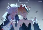  1boy 1girl all_saints_street alternate_costume angel animal_ears ballet_dress bare_shoulders black_cape black_dress black_feathers black_wings blonde_hair blue_eyes braid bright_pupils bun_with_braided_base cape closed_mouth collarbone cross_tie crown demon_boy detached_collar dress dress_shirt falling_feathers feathered_wings feathers fifibird goat_ears goat_horns grey_background hair_between_eyes halo head_wings high_collar highres horns lily_angel long_sleeves looking_at_another mini_crown neil_bowman open_mouth red_brooch shirt short_hair slit_pupils smile spotlight traditional_halo twitter_username white_hair white_pupils white_shirt wings 