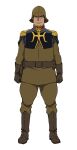  1boy belt boots brown_boots brown_gloves brown_helmet capelet dren_(gundam) epaulettes fat full_body gloves gundam gundam_gquuuuuux helmet highres holster jodhpurs looking_at_viewer male_focus military_uniform muscular official_art pants simple_background solo standing tan transparent_background zeon 