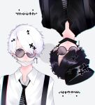  2boys black_hair black_hat black_necktie black_shirt chain chain_earrings checkered_necktie closed_mouth collared_shirt covered_navel glasses grey_background hair_over_one_eye hat highres kepi long_bangs looking_at_viewer male_focus mano_aaa mask military_hat mouth_mask multiple_boys necktie one_eye_covered original paperclip_earrings shirt short_hair suspenders swept_bangs tinted_eyewear upper_body upside-down white_hair white_shirt 