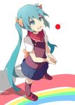  absurdres alternate_costume aqua_eyes aqua_hair bad_id bad_pixiv_id ball bow from_above hair_bow hatsune_miku highres kneehighs long_hair mary_janes neckerchief ogipote open_mouth shoes solo teeth twintails very_long_hair vocaloid 