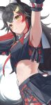  1girl :&lt; absurdres animal_ear_fluff animal_ears arm_up armpits black_hair black_shirt black_skirt blush breasts closed_mouth commentary cowboy_shot cropped_shirt cross-laced_slit detached_sleeves embarrassed eyelashes from_below from_side frown furrowed_brow highres hololive kakeru_(kakekaker001) kouhaku_nawa layered_skirt long_hair looking_at_viewer low-tied_long_hair medium_breasts miniskirt multicolored_hair navel neckerchief ookami_mio ookami_mio_(1st_costume) pleated_skirt red_hair red_neckerchief red_skirt red_undershirt ribs rope sailor_collar shimenawa shirt simple_background skirt solo standing stomach streaked_hair sweat two-tone_hair undershirt very_long_hair virtual_youtuber white_background wolf_ears wolf_girl yellow_eyes 