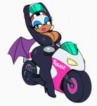  1girl animal_ears ass bat_ears bat_girl bat_tail bat_wings blue_eyeshadow commentary english_commentary eyelashes eyeshadow furry furry_female green_eyes helmet holding holding_helmet huge_ass lips looking_at_viewer makeup motor_vehicle motorcycle omegasunburst rouge_the_bat solo sonic_(series) thick_thighs thighs white_fur wings 