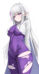  1girl absurdres arms_behind_back blush bodysuit braid breasts commentary covered_navel crown_braid elf emilia_(re:zero) hair_ornament hair_ribbon highres impossible_bodysuit impossible_clothes large_breasts long_hair long_sleeves looking_at_viewer nami_ne0227 pointy_ears purple_bodysuit purple_eyes purple_ribbon re:zero_kara_hajimeru_isekai_seikatsu ribbon shrug_(clothing) simple_background skin_tight solo torn_bodysuit torn_clothes very_long_hair white_background white_hair white_shrug x_hair_ornament 