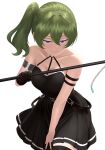  1girl armlet armpit_crease bare_shoulders black_dress black_thighhighs blush breasts cleavage closed_mouth collarbone commentary cow cowboy_shot double-parted_bangs dress english_commentary eyelashes green_hair hair_between_eyes hand_on_own_thigh highres holding holding_staff jewelry leaning_forward long_hair looking_at_viewer medium_breasts mikan_zakuro pleated_dress purple_eyes side_ponytail simple_background smile solo sousou_no_frieren staff thighhighs ubel_(sousou_no_frieren) weapon white_background zettai_ryouiki 
