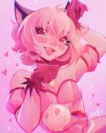  1girl animal_ear_fluff animal_ears bare_shoulders cat_ears cat_girl chibimica choker commentary cowboy_shot detached_sleeves dress english_commentary eyelashes fang frilled_choker frilled_dress frilled_sleeves frills gloves hair_between_eyes hand_on_own_head happy heart heart_in_eye highres light_blush light_particles lipstick looking_at_viewer magical_girl makeup masha_(tokyo_mew_mew) mew_ichigo momomiya_ichigo open_mouth paw_pose pendant_choker pink_background pink_choker pink_dress pink_eyes pink_gloves pink_hair pink_lips pink_pupils pink_sleeves pink_theme puffy_short_sleeves puffy_sleeves short_hair short_sleeves signature smile sparkle strapless strapless_dress symbol_in_eye teeth tokyo_mew_mew upper_teeth_only 