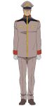  1boy brown_shoes clenched_hands epaulettes full_body gloves grey_hair grey_jacket grey_pants gundam gundam_gquuuuuux hat highres jacket looking_at_viewer male_focus military_uniform official_art old old_man pants paolo_cassius peaked_cap shoes simple_background solo standing transparent_background white_gloves 