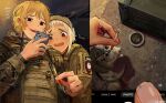 2girls azov_battalion blonde_hair blood_type blush brown_eyes bulletproof_vest cat caucasus_legion cigarette english_text flag_patch from_above gloves highres holding holding_cigarette holding_phone leaning_on_person marichka military_patch multiple_girls nika_(usergore) open_mouth original phone russo-ukrainian_war sidelocks smile smug tareme teeth tongue ukraine ukrainian_flag usergore watch white_hair wristwatch 