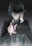  1boy artist_name black_background black_hat blood blood_on_hands blue_hair board_game buttons chess chess_piece chinese_commentary collared_jacket danganronpa_(series) danganronpa_v3:_killing_harmony double-breasted gradient_background grey_background hair_between_eyes hand_on_own_face hat holding holding_chess_piece jacket long_sleeves male_focus pandasiren pink_blood pinstripe_jacket pinstripe_pattern saihara_shuichi short_hair solo watermark yellow_eyes 