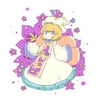  animal_ears blonde_hair blue_eyes blush_stickers dress flower fox_ears fox_tail frilled_dress frills gown hat inishie multiple_tails simple_background sleeves_past_wrists smile solo tail tassel touhou yakumo_ran 