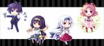  3girls ahoge ajimu_najimi albino bad_id bad_pixiv_id black_hair black_legwear blue_eyes bow chibi curly_hair curtsey desk dress dual_persona emukae_mukae full_body hair_ribbon hairband hakama japanese_clothes kotoko_(oxxxo) kumagawa_misogi long_hair medaka_box multiple_girls pants pink_hair purple_eyes red_eyes red_hakama red_legwear ribbon sandals school_uniform screw shoes short_hair sitting smile socks thighhighs uwabaki white_hair 