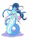 anthro apode azurobe blue_body blue_hair blue_tail draconcopode female flowing_hair hair hi_res legless marine merfolk naga pal_(species) palworld pocketpair purple_eyes serpentine smile smiling_at_viewer solo split_form tail tierafoxglove