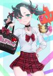 1girl bag black_choker black_hair bow bowtie choker commentary ditto green_eyes gyaru hair_ribbon highres holding holding_bag looking_at_viewer marnie_(pokemon) miniskirt morpeko morpeko_(full) plaid_clothes plaid_skirt poke_ball poke_ball_(basic) pokemon pokemon_swsh red_bow red_bowtie red_ribbon revision ribbon rotom rotom_phone school_bag school_uniform serafuku shirocat_0121 shirt skirt solo transformed_ditto twintails white_shirt 