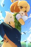 2025 animal_crossing anthro bell black_bottomwear black_clothing black_eyebrows black_nose black_sclera black_skirt blue_sky blush bottomwear brown_ears butt canid canine canis clothed clothed_anthro clothed_female clothing cloud domestic_dog eyebrows female female_anthro floppy_ears fur green_clothing green_sweater green_sweater_vest green_topwear green_vest hi_res holding_object holding_paper isabelle_(animal_crossing) jingle_bell leaf looking_at_viewer looking_down looking_down_at_viewer low-angle_view mammal multicolored_body multicolored_fur nintendo open_mouth outside paper plant purple_tongue rumine shih_tzu shirt skirt sky solo sweater sweater_vest tail tan_body tan_fur tan_tail teeth tongue topwear toy_dog tree two_tone_body two_tone_fur two_tone_tail upskirt vest white_clothing white_eyes white_shirt white_topwear wind yellow_body yellow_fur yellow_tail