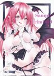  1girl arim0k0 artist_name bat_wings black_border black_panties black_skirt black_thighhighs black_vest border breasts cleavage cowboy_shot frills garter_straps groin head_wings highres huge_breasts koakuma lingerie long_hair long_sleeves marker_(medium) microskirt multiple_wings open_mouth panties pointy_ears red_eyes red_hair sample_watermark skirt solo teeth thighhighs touhou traditional_media underwear upper_teeth_only vest watermark wings 