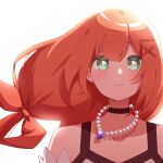  1girl absurdres armpit_crease bare_shoulders black_choker blunt_bangs blush choker closed_mouth collarbone detached_sleeves dress floating_hair gem green_eyes hair_between_eyes hair_ornament hair_ribbon highres jewelry kingdom_hearts kingdom_hearts_x long_hair looking_at_viewer low_twintails necklace orange_hair purple_gemstone ribbon smile solo strelitzia_(kingdom_hearts) twintails upper_body very_long_hair w3n6ev white_background white_dress x_hair_ornament 