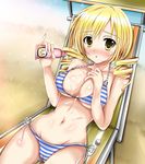  :o beach bikini blonde_hair blush body_blush breasts chair charlotte_(madoka_magica) collarbone day drill_hair duel_angel halterneck hand_on_own_chest highres large_breasts looking_at_viewer lotion lounge_chair mahou_shoujo_madoka_magica navel outdoors pinky_out sexually_suggestive side-tie_bikini sitting solo striped striped_bikini suggestive_fluid sunscreen swimsuit tomoe_mami twin_drills twintails underboob water yellow_eyes 