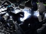  bikini_top black_hair black_rock_shooter black_rock_shooter_(character) blue_eyes boots burning_eye chain coat dead_master green_eyes highres horns long_hair multiple_girls rituiti shorts twintails very_long_hair 