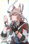  1boy animal_ear_fluff animal_ears artist_name bandages bead_bracelet beads black_gloves bracelet cape chinese_clothes commentary_request fox_ears gloves hair_between_eyes hair_ornament hair_stick half_gloves hands_up highres honkai:_star_rail honkai_(series) jewelry jiaoqiu_(honkai:_star_rail) long_hair looking_up male_focus mandarin_collar open_mouth parted_bangs pink_hair red_cape shirt sidelocks signature simple_background single_glove solo tassel upper_body usushio_oishii watermark white_background white_shirt yellow_eyes 