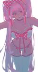  1girl 673_q blush bow bra breasts cleavage collarbone cowboy_shot dark-skinned_female dark_skin garter_belt hair_bow highres large_breasts long_hair looking_at_viewer lower_teeth_only official_alternate_costume omori open_mouth panties pink_bow pink_eyes pink_hair polka_dot polka_dot_bow simple_background smile solo sweetheart_(omori) teeth thighhighs twintails underwear white_background white_bra white_panties white_thighhighs 