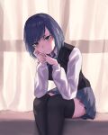  1girl absurdres black_thighhighs black_vest blush bow bowtie breasts closed_mouth collared_shirt curtains grey_skirt hair_ribbon hands_up highres kurokawa_akane layered_sleeves long_sleeves looking_at_viewer medium_breasts oshi_no_ko pleated_skirt purple_bow purple_bowtie purple_eyes purple_hair ribbon school_uniform shirt short_hair short_over_long_sleeves short_sleeves sitting skirt smile solo thighhighs tyrezal vest white_shirt zettai_ryouiki 