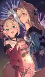 2girls absurdres animal_ear_fluff animal_ears aokii blonde_hair blue_eyes blue_hair blue_kimono blush breasts closed_mouth collarbone dog_ears dog_girl dog_tail fireworks fuwawa_abyssgard fuwawa_abyssgard_(new_year) hair_between_eyes hair_ornament highres holding holding_fireworks hololive hololive_english japanese_clothes kimono large_breasts long_hair looking_at_viewer looking_back medium_breasts mococo_abyssgard mococo_abyssgard_(new_year) multiple_girls night night_sky off_shoulder official_alternate_costume official_alternate_hairstyle open_mouth outdoors pink_eyes pink_hair pink_kimono pink_nails siblings sisters sky smile tail twins virtual_youtuber 