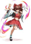  1girl ascot between_fingers black_shoes bow breasts brown_hair chinese_commentary commentary_request detached_sleeves frilled_bow frilled_skirt frills full_body gohei hair_bow hair_tubes hakurei_reimu holding holding_gohei leg_up long_hair looking_at_viewer mary_janes midriff navel ofuda ofuda_between_fingers red_bow red_eyes red_skirt ribbon-trimmed_skirt ribbon-trimmed_sleeves ribbon_trim shoes skirt skirt_set socks solo standing standing_on_one_leg tachi-e touhou white_socks yellow_ascot yufengdada 
