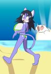 anthro beach big_breasts bikini bikini_bottom bikini_top black_hair blush breasts butt clothing domestic_cat embarrassed embarrassed_female fangs felid feline felis female fourssss hair hi_res huge_breasts hyper hyper_breasts jessie_the_cat looking_back mammal purple_body solo swimwear tail teeth two-piece_swimsuit