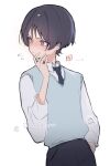  1boy alternate_costume arm_at_side averting_eyes black_hair black_necktie black_pants blue_sweater_vest blunt_ends blush casual closed_mouth collared_shirt contemporary embarrassed genshin_impact hand_in_pocket hand_up highres long_sleeves looking_to_the_side male_focus necktie nero_hanken pants purple_eyes scaramouche_(genshin_impact) shirt solo sweater_vest upper_body white_background white_shirt white_sleeves 