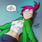  1girl blue_skirt breasts dated english_text foster&#039;s_home_for_imaginary_friends frankie_foster green_jacket highres jacket lying medium_breasts midriff navel on_back open_clothes open_jacket red_hair shirt signature skirt solo speech_bubble swain_(artist) white_shirt zolo 
